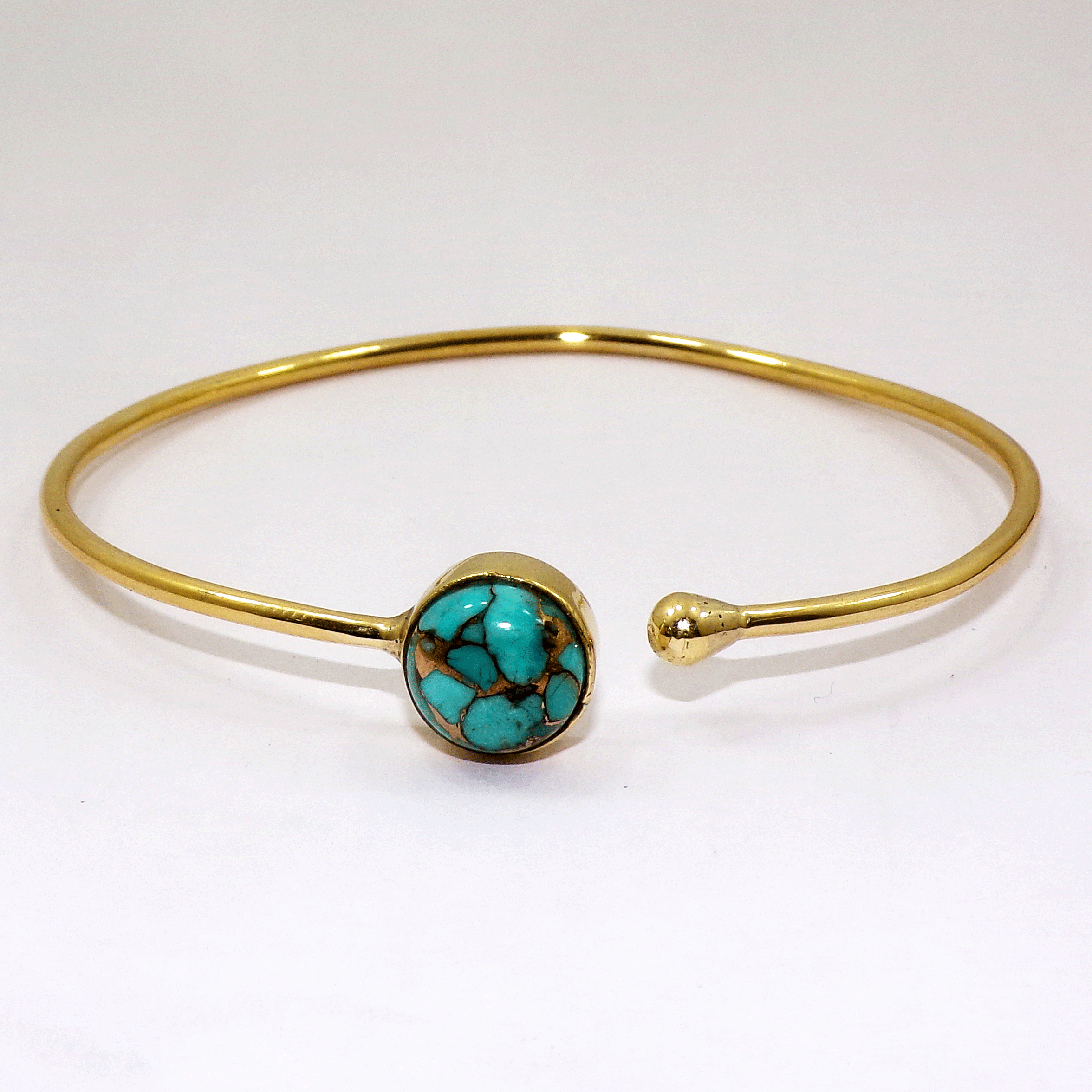 Natural Blue Copper Turquoise Cab Bangle I - JBB999 Recent Arrival Round Shape With 18ct Gold Plating Brass Bangle